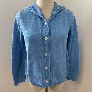 SoBlue Sigrid Olsen Cotton Knit Blue Hooded Cardigan w/ Mother of Pearl Buttons